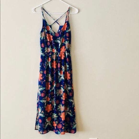 Floral Midi Dress Blue Elastic Cinched Waist - Picture 5 of 6